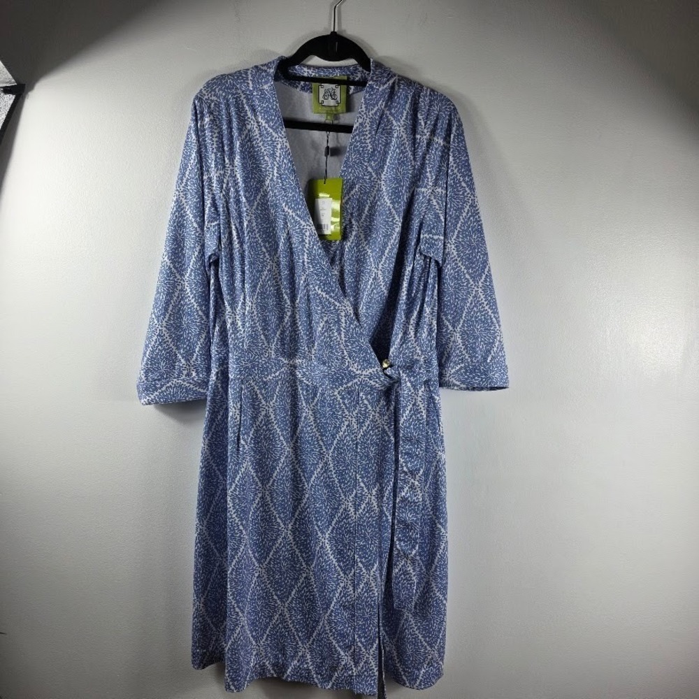 Elizabeth McKay Wrap Dress XL Blue White Geometric Print Midi Sleeve Tie Waist‎